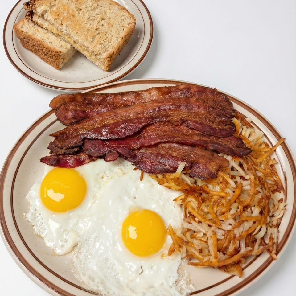 A Kalispell Kitchen breakfast plate with bacon, two fried eggs, hash browns, and toast.