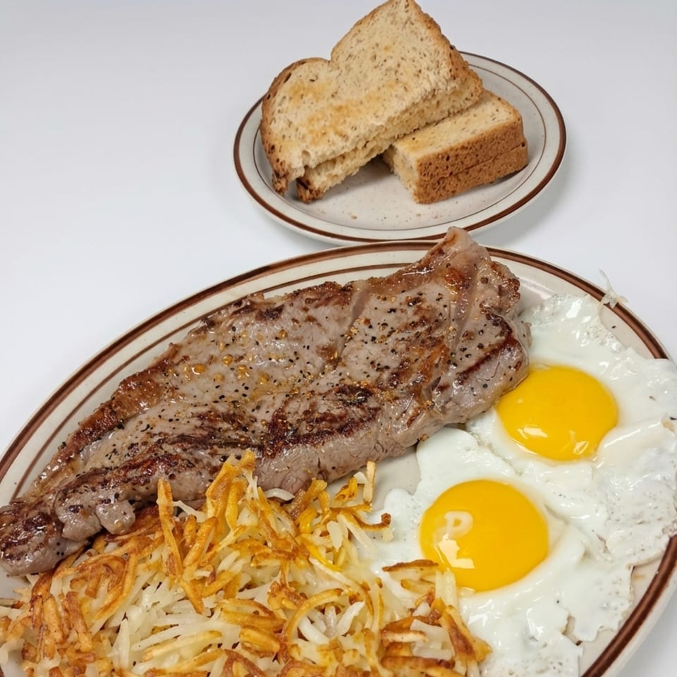 Kalispell Kitchen's steak and eggs breakfast with hash browns and toast on white plates.
