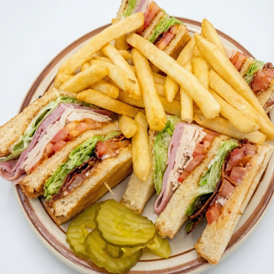 Kalispell Kitchen's club sandwich with ham, turkey, bacon, lettuce, tomato, fries, and pickles.